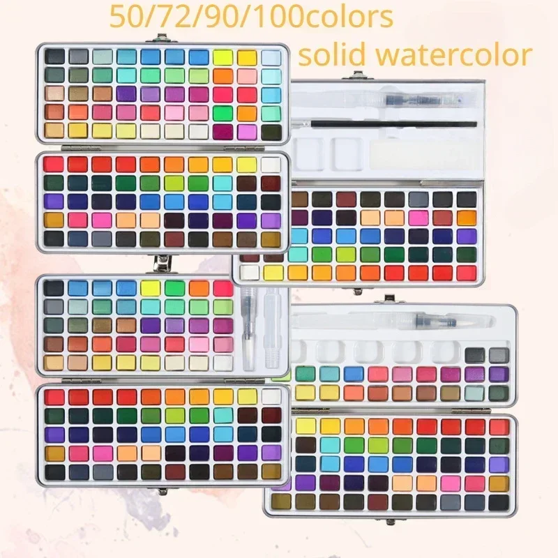 Juego de pintura de acuarela sólida, 50/72/90/100 colores, pintura artística nacarada metálica para diseño DIY, pintura, suministros de arte escolar, regalos