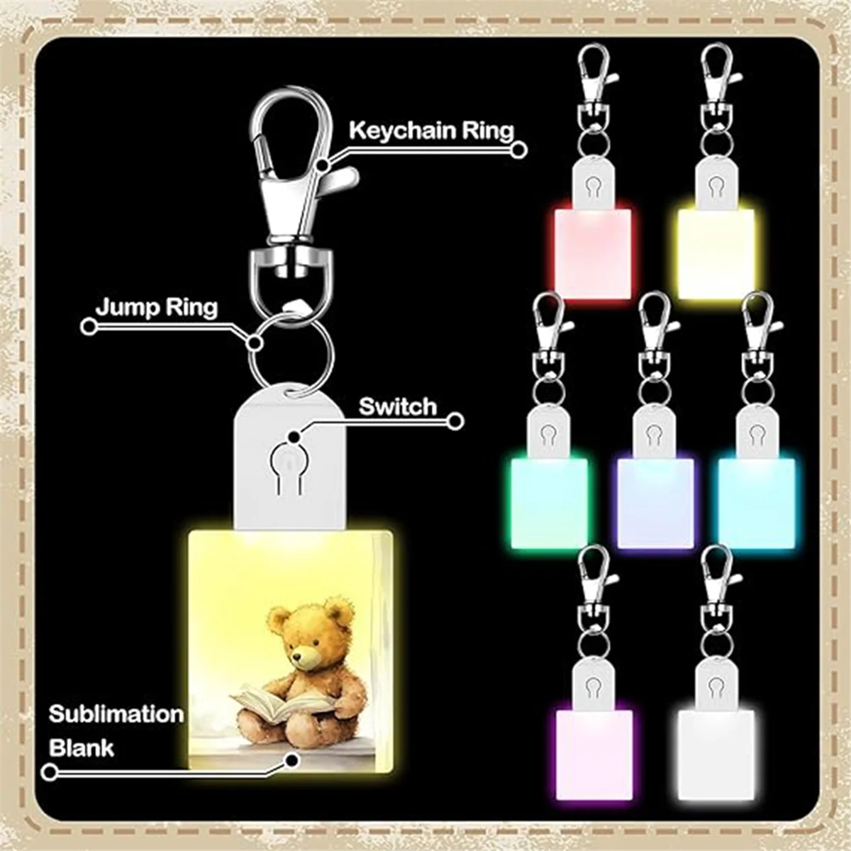 10 Pcs LED Sublimation Blank Keychain Acrylic Lighted Transfer Rectangular DIY Keychain HOT