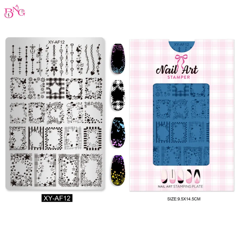 BNG Placas de Estampado para Uñas con Diseños de Cuadros y Flores, Plantillas de Verano para Estampado, Herramientas de Impresión DIY para Manicura 6