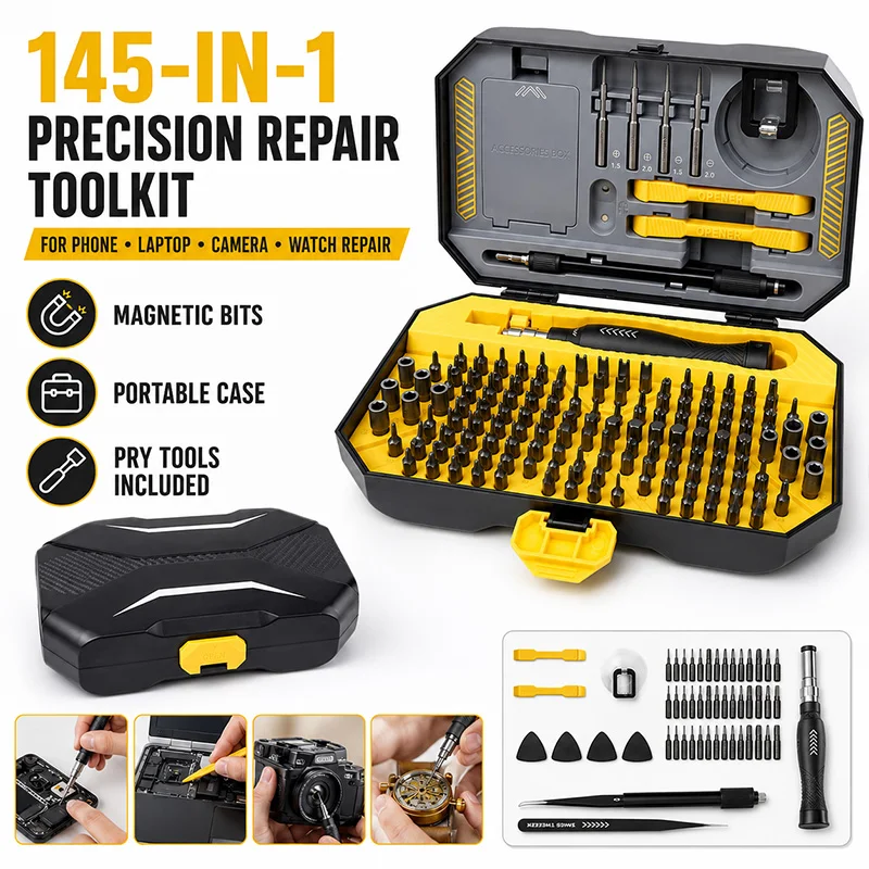 145 in 1 Precision Electronics Repair Screwdriver Kit Professional Multi Bit Tool Set for Phone Laptop Watch Camera Console DIY