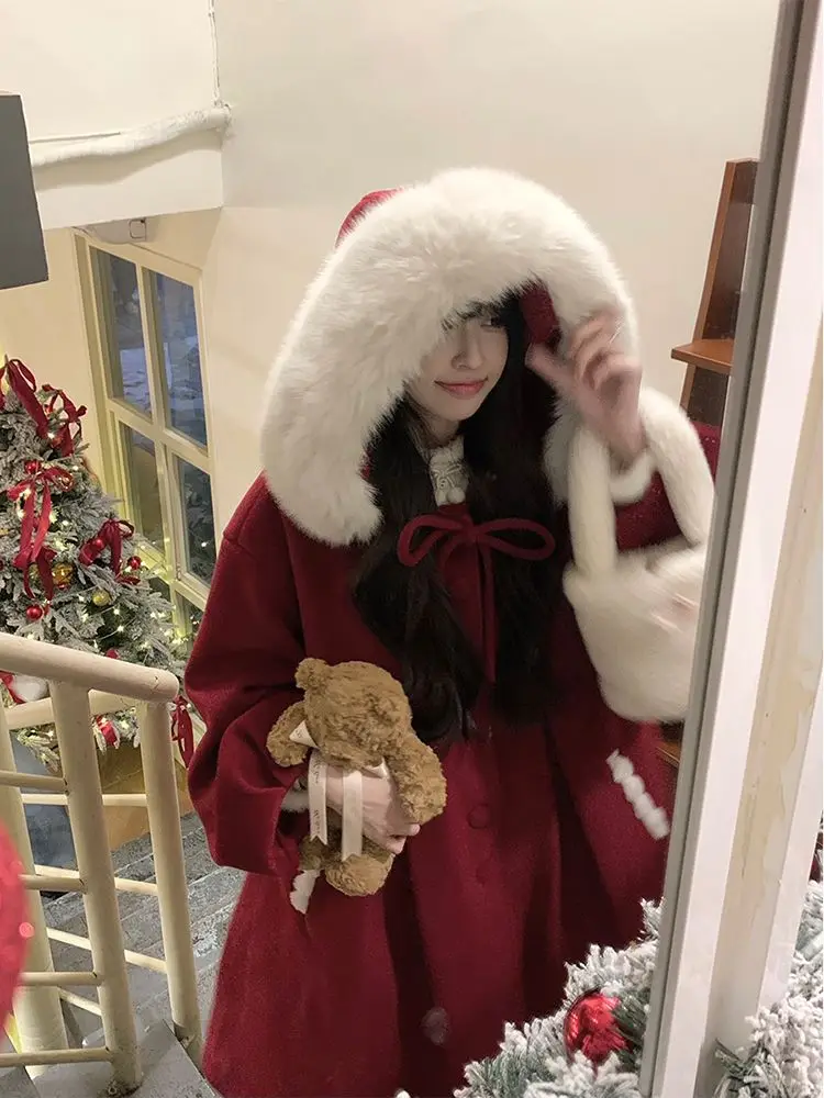 Новогоднее рождественское платье с большим шерстяным воротником и капюшоном, шерстяное пальто, новое зимнее высококачественное утолщенное шерстяное пальто в нише Новогоднее рождественское платье с большим шерстяным воротником и капюшоном, шерстяное пальто, новое зимнее высококачественное утолщенное шерстяное пальто в нише