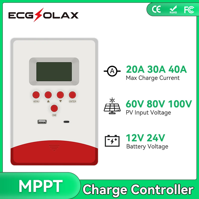 

ECGSOLAX 40A 30A 20A MPPT Solar Charge Controller 12V 24V Solar Panel Regulator LCD Display Max PV 100VDC Charging Controller