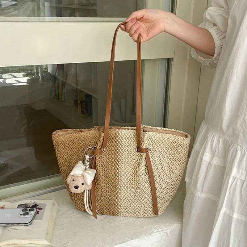

Summer French Color Block Straw Tote Bag Women Minimalist Large Woven Shoulder Bag Magnetic Buckle Travel Beach Bag Cute Pendant