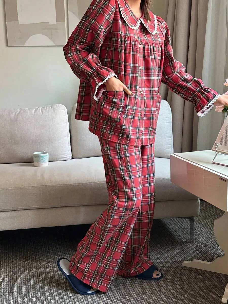 Red Plaid Peter Pan Collar Ruffle Pajama Set For Women Fall Winter Sleepwear