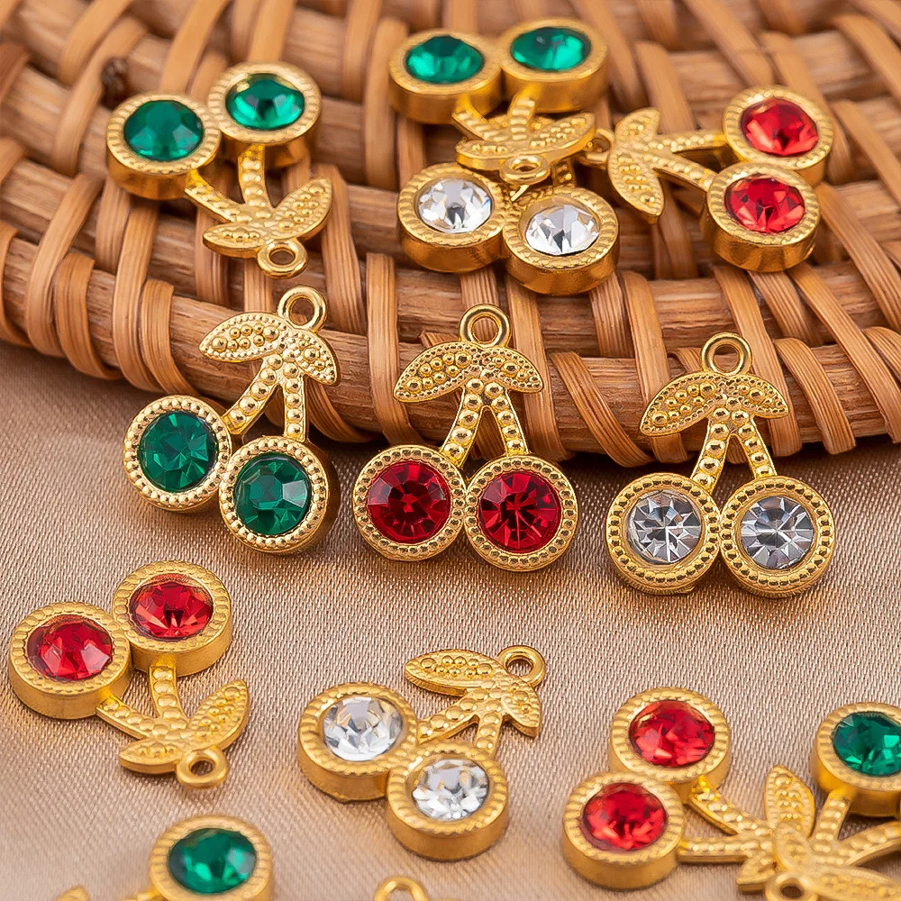

5PCS DIY Fruit Cherry Inlaid Colored Rhinestone Pendant Stainless Steel Material Asymmetric Accessories Wholesale