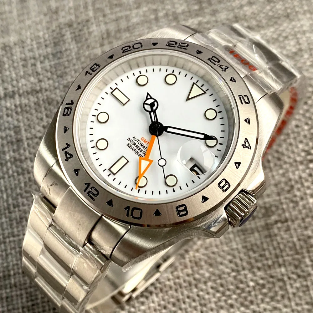 Explore Dual Time Relógio Mecânico Masculino, Laranja GMT, Bisel Fixo de Aço, Relógio de Negócios Branco, Sapphire Date, Pulseira 904L, NH34