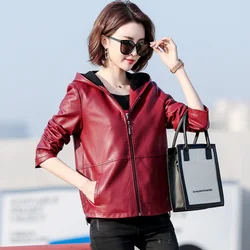 New Women Hoodies Leather Jacket Spring Autumn 2024 Fashion Loose Female Zipper Short Sheepskin Coat Casual Jacket Outerwear