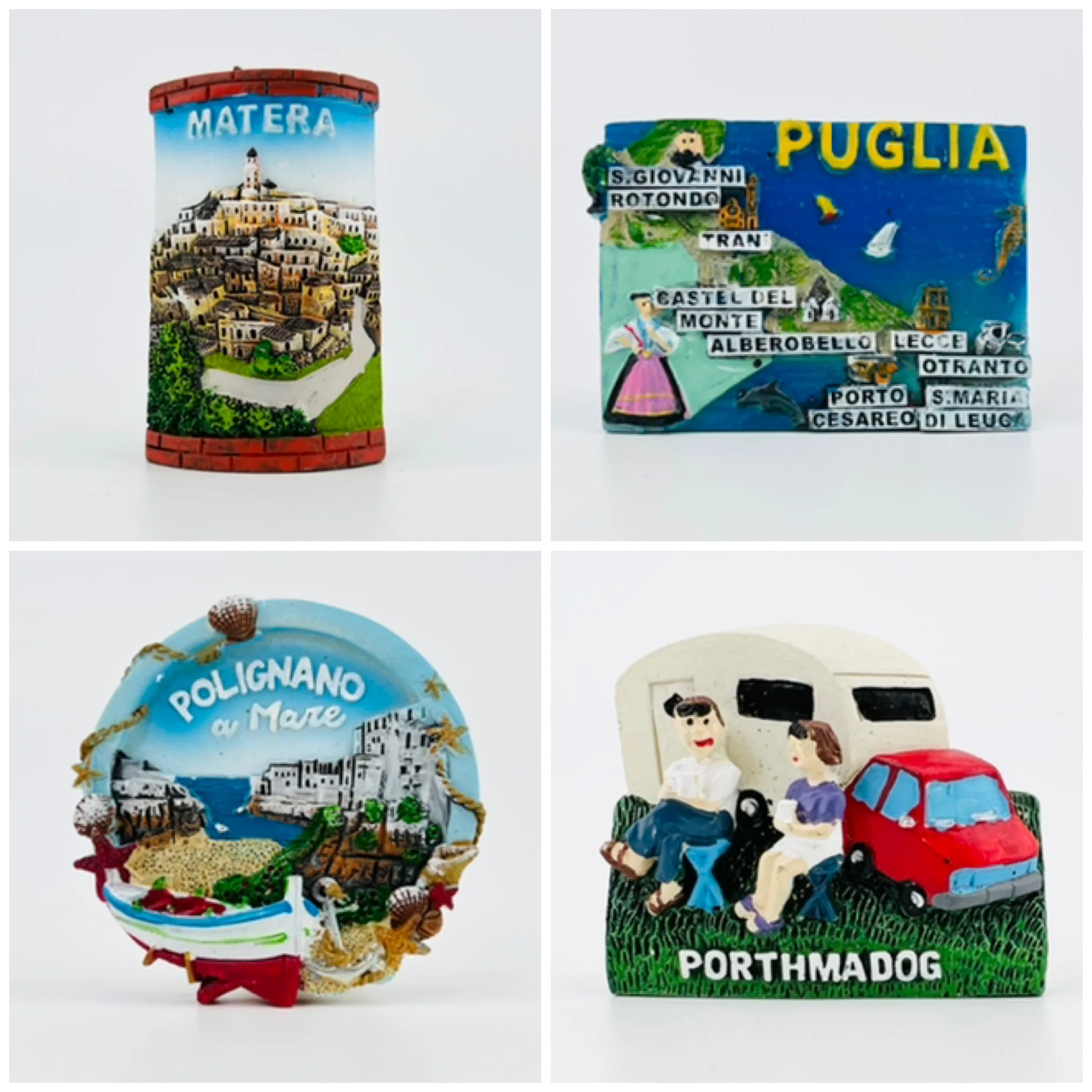 Italian British Fridge Magnets.  Matera, Puglia, Polignano, Portmadog.  Travel Memorial Kitchen Decor Gift