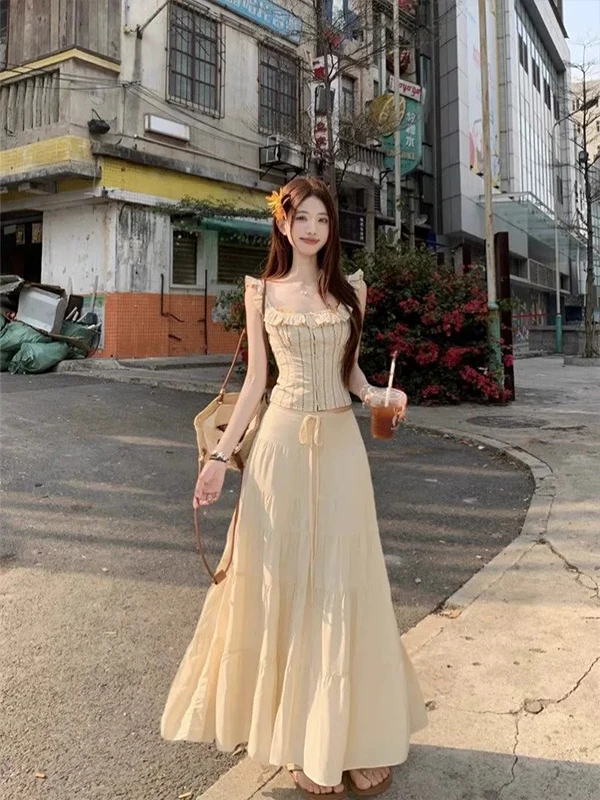 Casual Summer Vacation Style High Waist Half Body Beach Skirt Set Lace Trimmed Lazy Style Square Collar Fly Sleeve Top