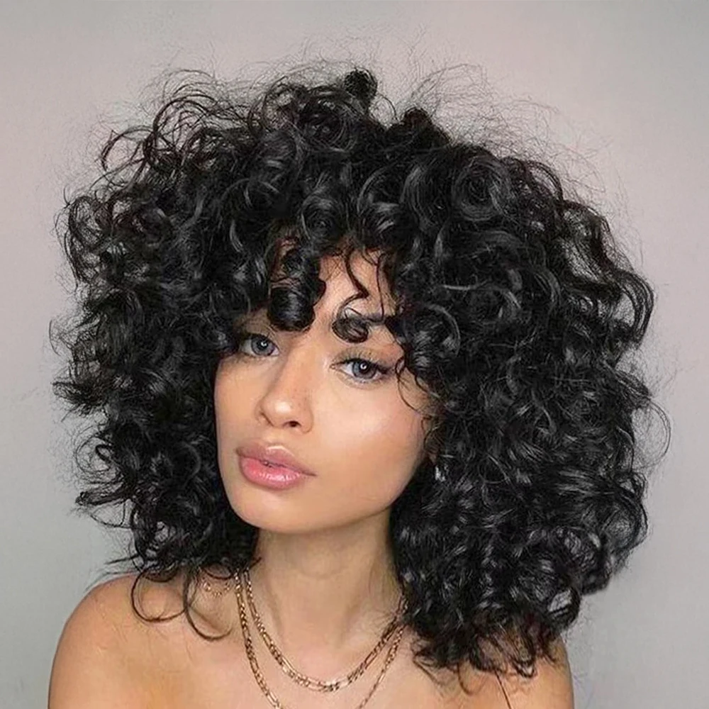 Fumi Egg Curly Pixie Cut Perücke aus Echthaar mit Pony, kurzer Bob, klebefreie Echthaarperücke, natürliches Schwarz, vollständig maschinell gefertigt, im Angebot