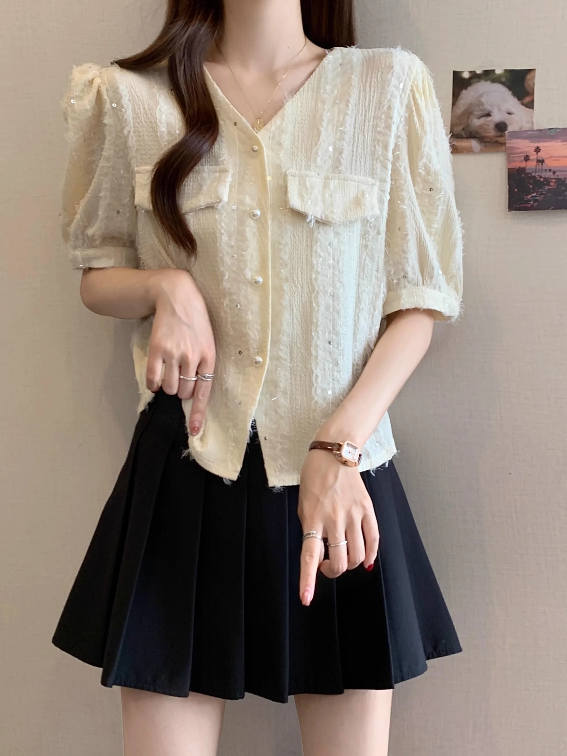 iny V-ne ort Sve irt Mujer Tallas grandes Verano Faion Age-defng Glitter European Sle Top Coreano Loose Fit Bubb...