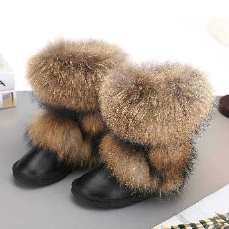 Winter Boots Women Genuine Leather Snow Boots Fox Fur Mid-calf Warm Boots Female Shoes Size 34-40