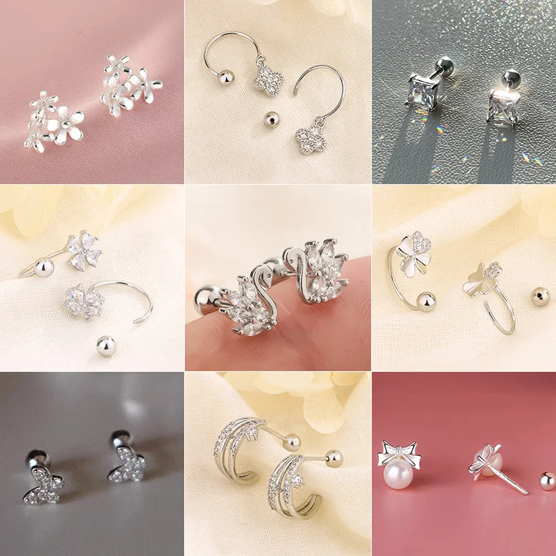 Silver Color Hypoallergenic Zircon Cartilage Studs Earring 925 Silver Needles Earrings for Women Helix Conch Tragus Piercing