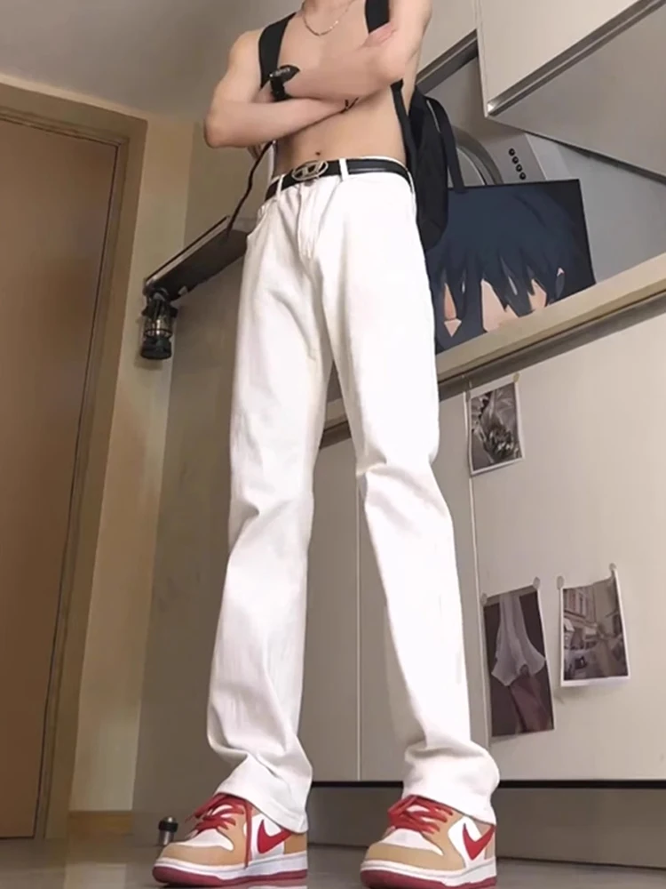 

Мужские джинсы с высокой талией и прямым кроем, в американском уличном стиле, белые, из смесового хлопка и полиэстера, длинные, стильные