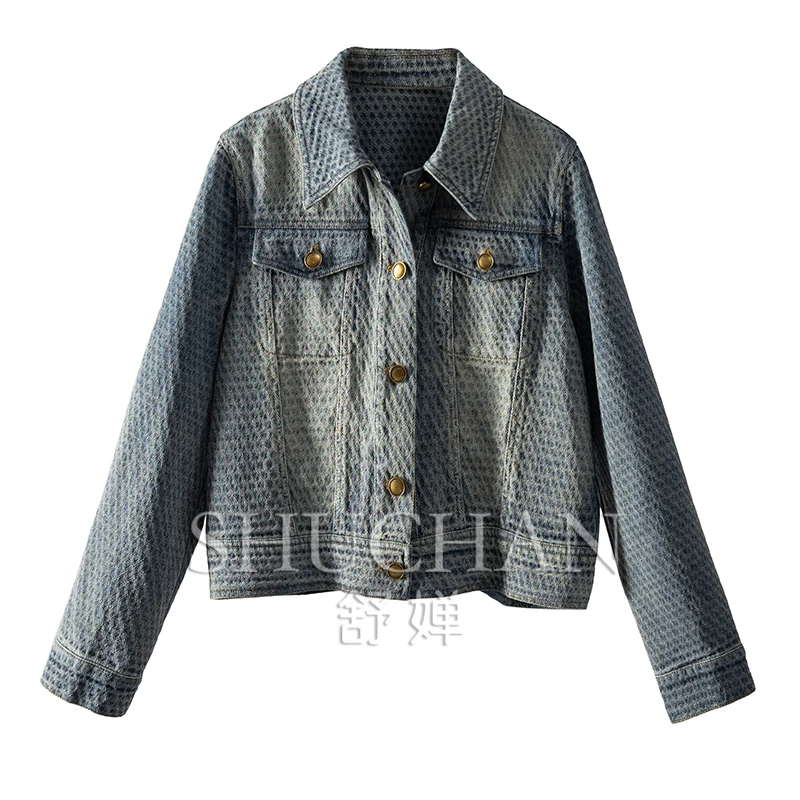 Vintage 85% Cotton Jacquard Washed Blue Denim Jacket Short Jacket Small Women  Abrigos Mujer  Casacos Femininos Inverno