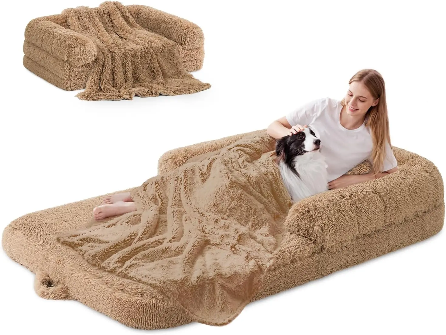 

Складная гигантская кровать-лежанка для людей и животных, водонепроницаемая подкладка, плед из искусственного меха, 71x43x10 дюймов, цвет кэмел