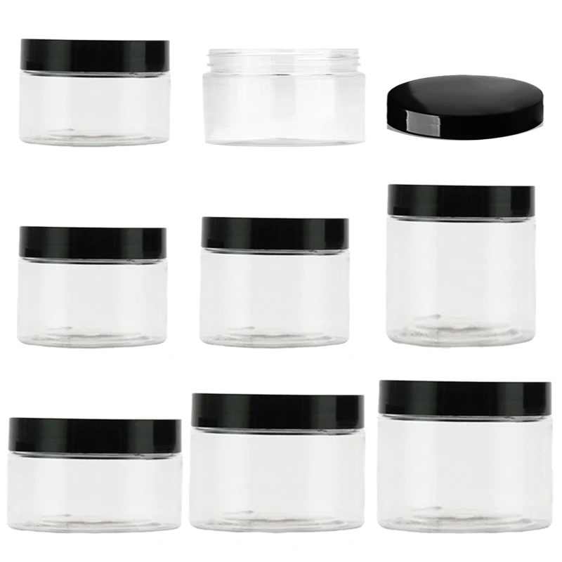 

12Pcs/Lot 30-150ml Plastic Container with Black Lid Transparent Candy Food Storage Jar Cosmetic Sample Pot Kitchen Sealed Jars