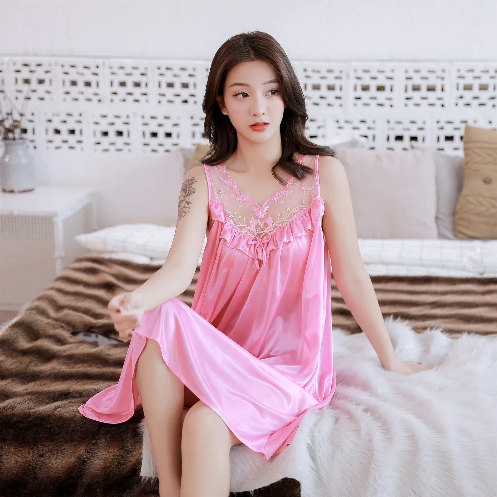 2023 New Women Ice Silk Sleepwear Set Nightdress Homewear Nightwear Pyjamas Female Lace Sleepwear V-neck Nightgown