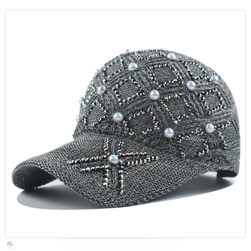 Hand Rhinestone Decor Hollow Knit Baseball Cap Hollow Knit Design Pearl Decor Breathable Mesh Visor Cap Mesh Visor