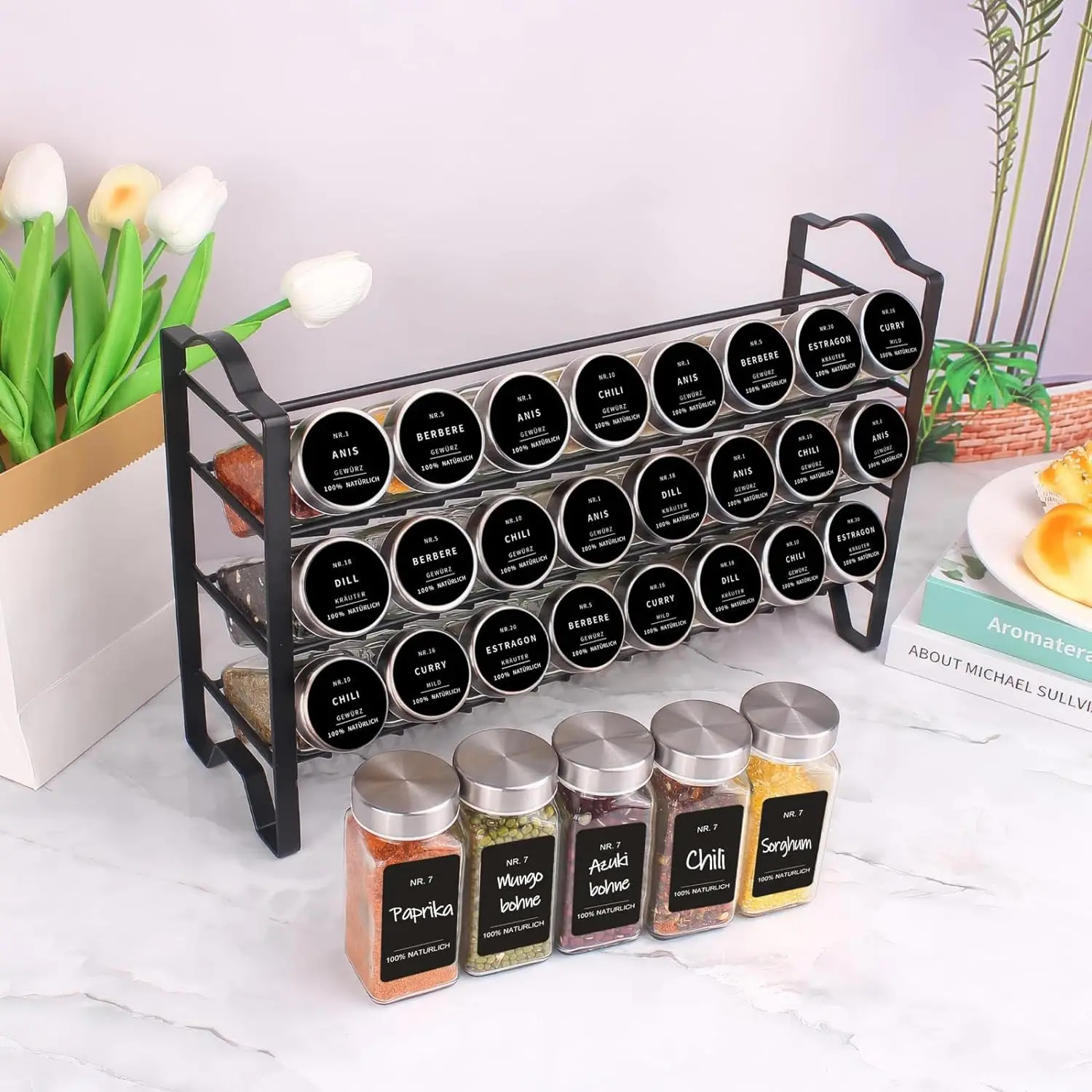 SIAZIH Gewürzregal, freistehend, 3-lagiges Wandregal aus Karbonstahl mit 24 x 120 ml Gewürzgläsern für Küchenschrank-Organizer – Detail 1