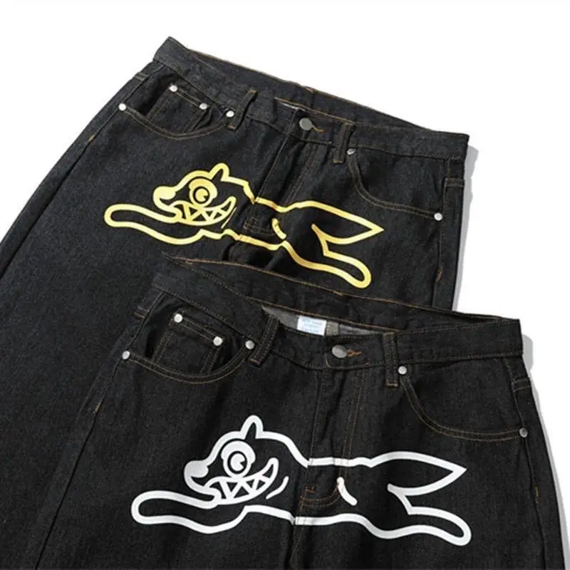 

American fashion flying dog print straight leg denim shorts for men high street casual fashion wide leg five quarter pants