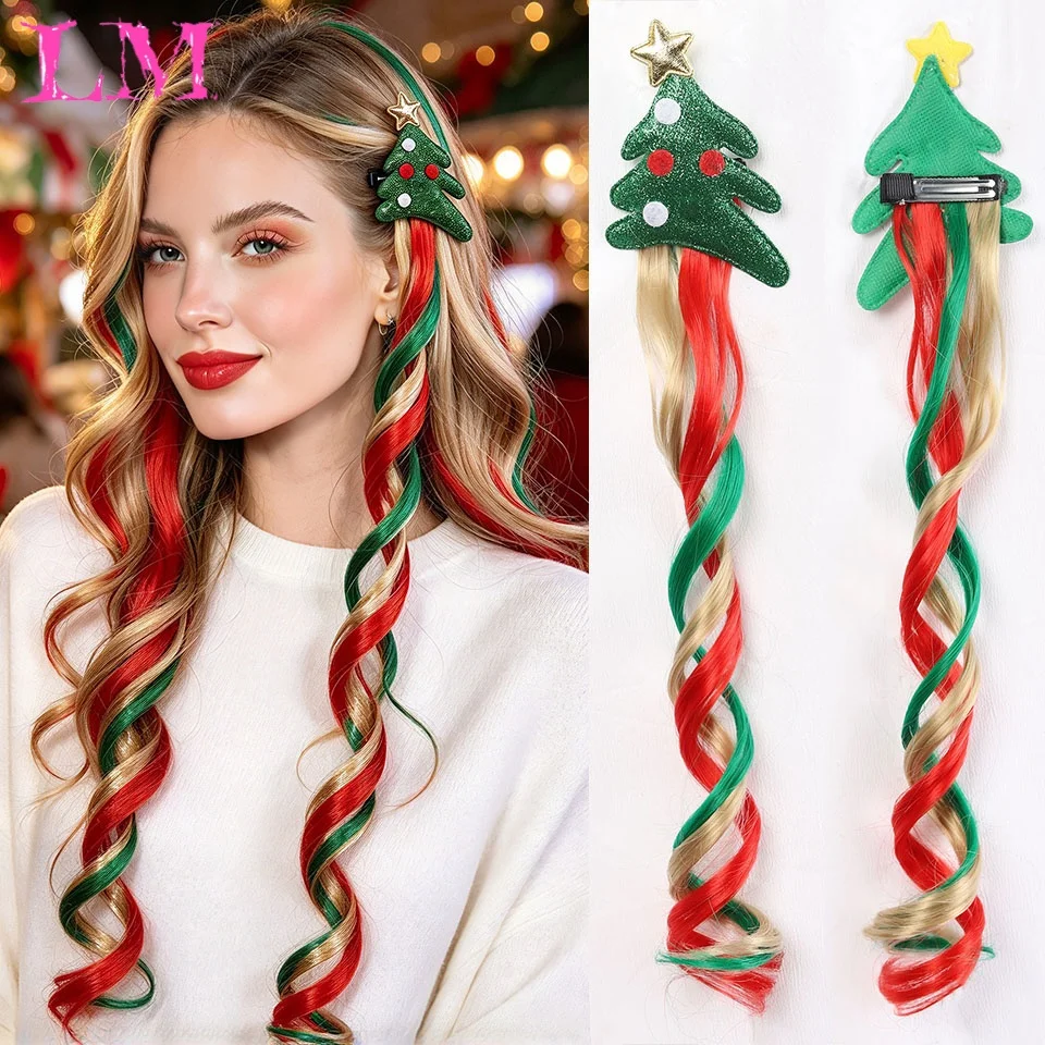 Christmas Tree Red Green Gold Curly Clip in Hair Extensions Holiday Costume Hair Suitable for Women Girls Christmas Party Cospla