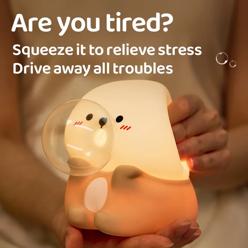 Cute Blowing Bubbles Sea Otter Silicone Night Light Bedroom Bedside Rechargeable Led Table Lamp Timing for Kids Birthday Gift