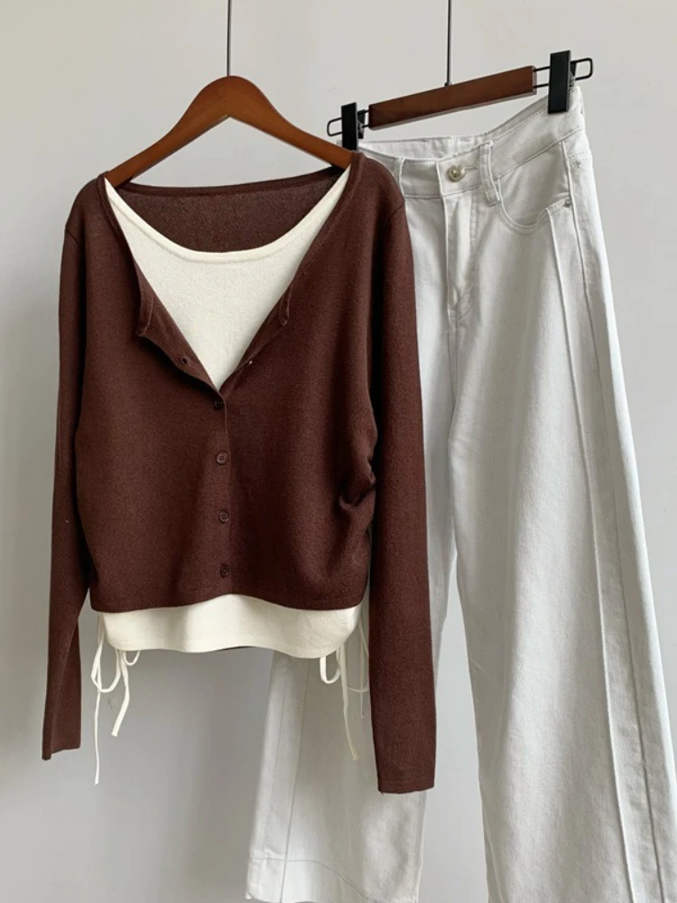

Korobov Korean Chic Autumn All Match O Neck Long Sleeve Fake Two Piece Bandage Casual Knitted Pullovers