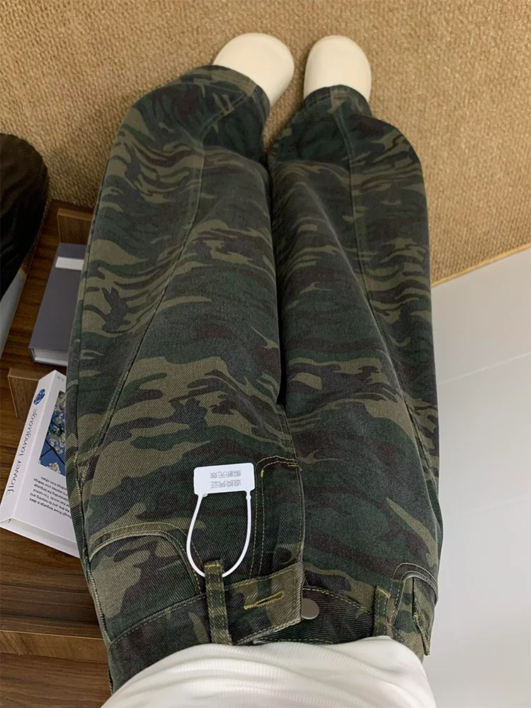 

plus Size American Retro Loose Slimming Camouflage Wide Leg Jeans Women Casual Floor Length Pants High Waist Zipper Closure