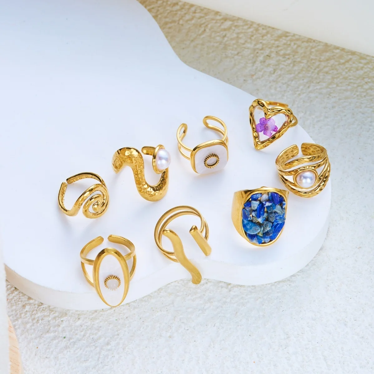 Ästhetische, natürliche Kieselsteine, spiralförmige, imitierte Perlen, strukturierte, gewellte Ringe für Damen und Herren, Edelstahl, geometrischer Ring, Schmuck. – Detail 17