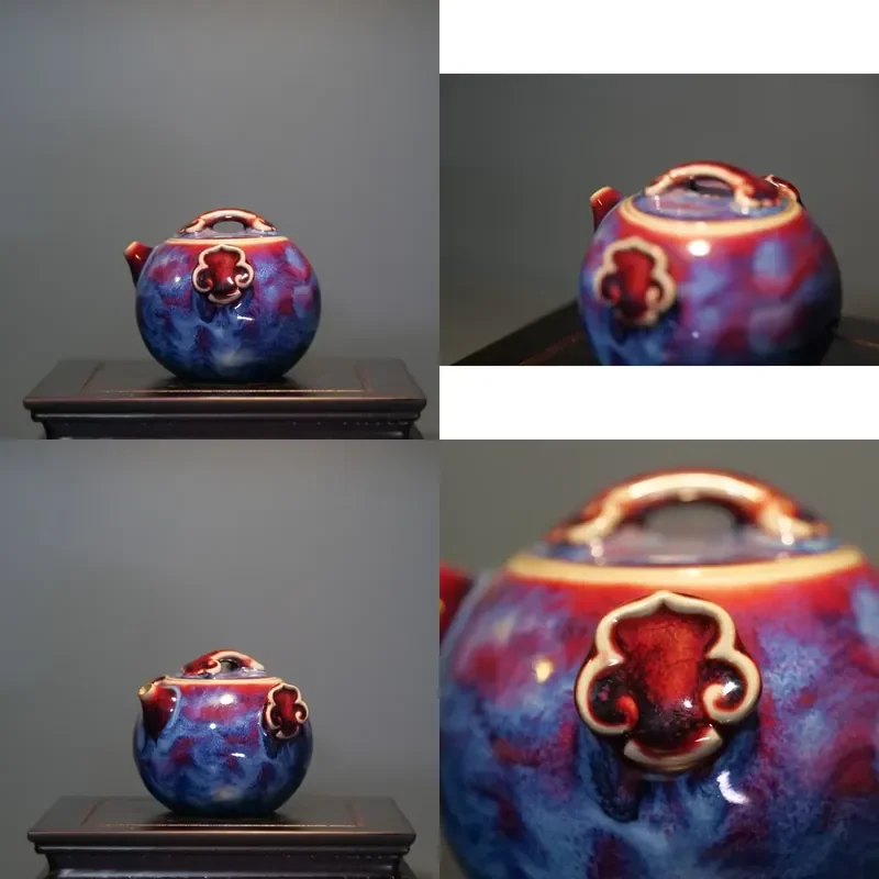 

【CHIMU HOME】 Handcrafted Jun Kiln Ceramic Pot with Nebula Glaze Heat Resistant Portable Ruyi Handle Food Grade