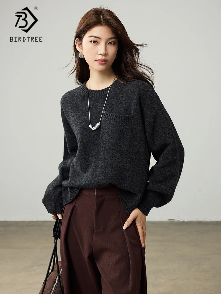 

Birdtree, вязаный карманный свитер из 100% мериносовой шерсти, женский трикотаж с круглым вырезом и длинными рукавами, осенний белый серый пуловер 2025 T59918JF