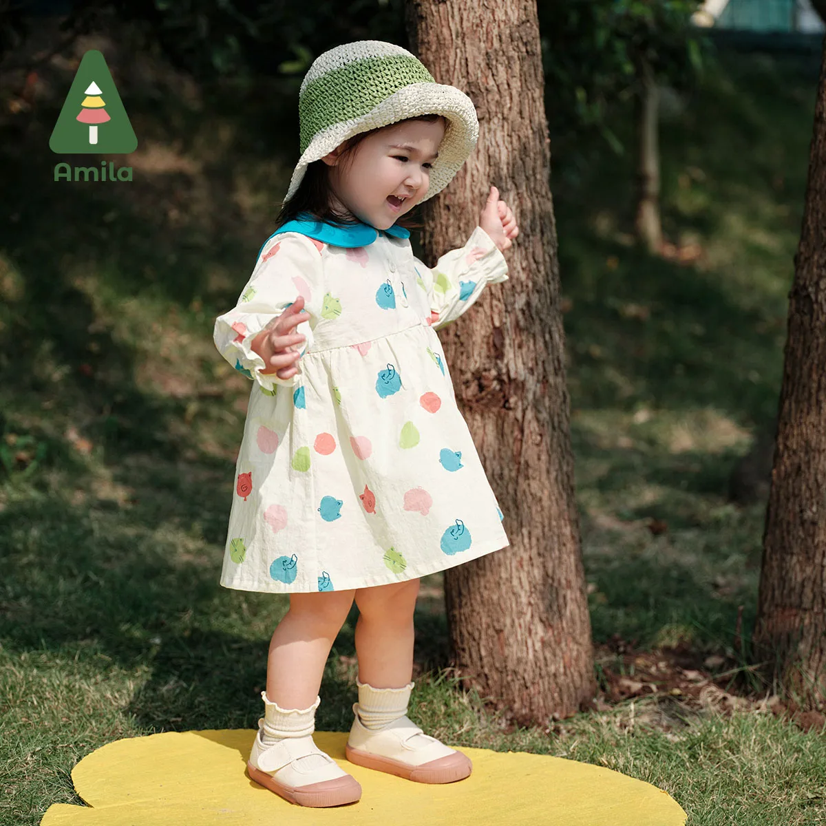 Amila Baby Dress 2024 Spring New Full Print Cotton Cute  and Fashionable Lapel  Cartoon Girls  Clothing