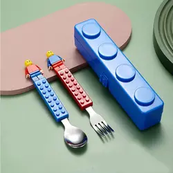 Stainless Steel Fork Spoon Set Childrens Building Blocks Toy Lunch Box Cartoon Steel Tableware Portable Puzzle Storage Box