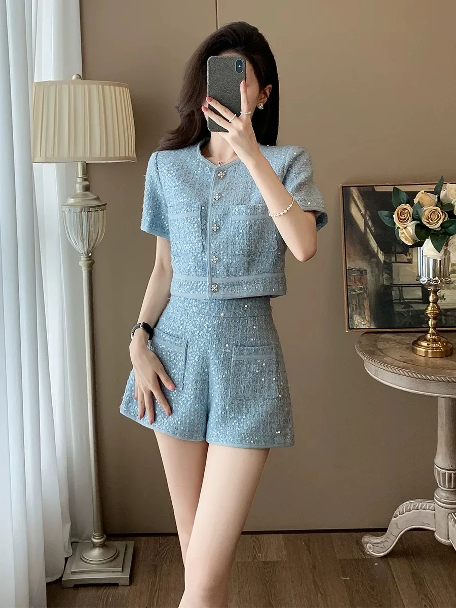 

Gothiscyn Office Lady Sequin Set Women's O-neck Short-sleeved Jacket High Waisted Shorts Two-piece Set Fashion Female Clothes