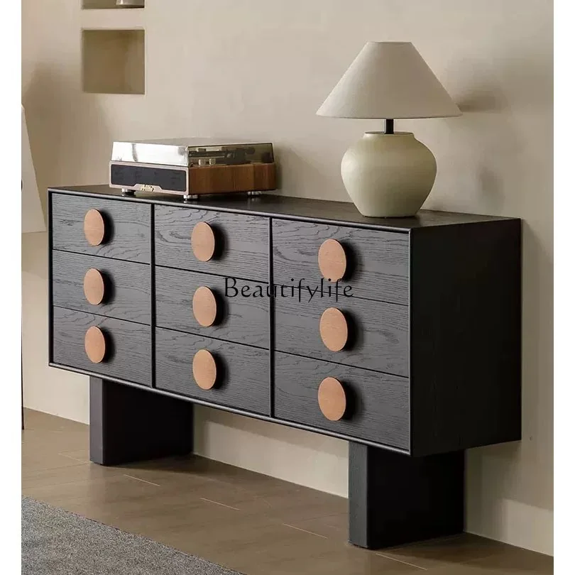 

Medieval solid wood nine chest cabinet living room French retro black storage side cabinet