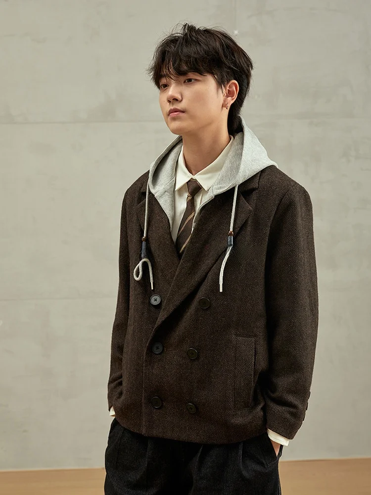 

HIER Нейтральный шерстяной пиджак со съемным капюшоном, двубортный, с длинными рукавами, для повседневной носки, стандартный крой, тренчкот