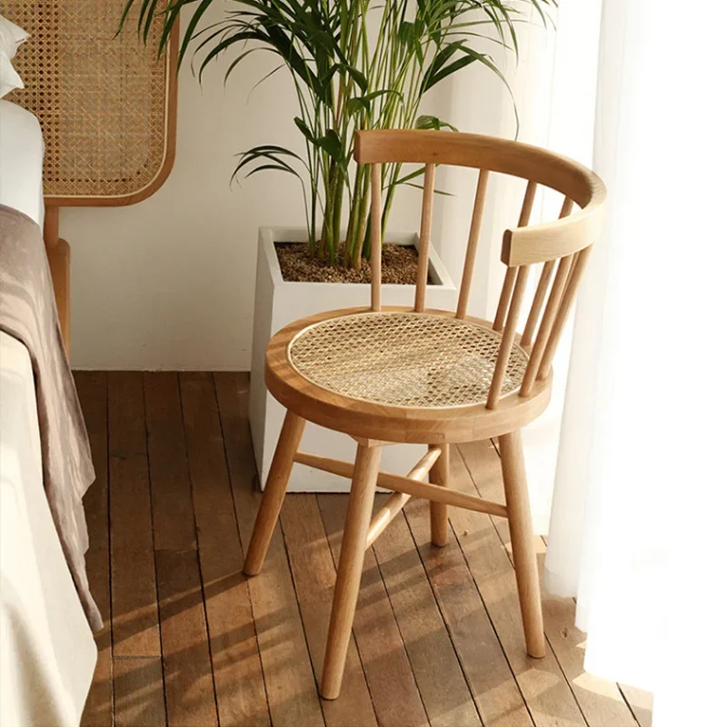 Joylove Japanese Solid Wood Rattan Woven Windsor Dining Chair Home Retro Casual Backrest Chair Simple Bedroom Makeup Chair