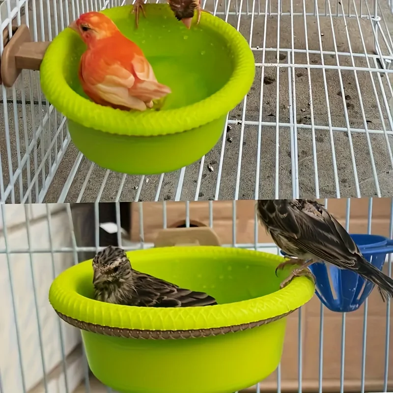 Bañera pequeña con jaula para pájaros, con anillo de montaje, cuenco de plástico verde brillante para alimentación de baño canario de loros, 12cm de diámetro