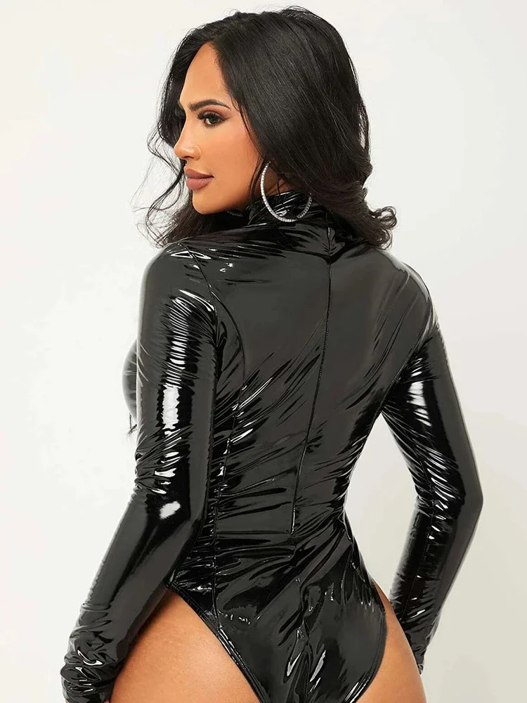 Alta pescoço do falso látex bodysuit manga longa mulheres sexy bodycon pvc macacões senhoras elástico couro do plutônio macacão clubwear personalizado