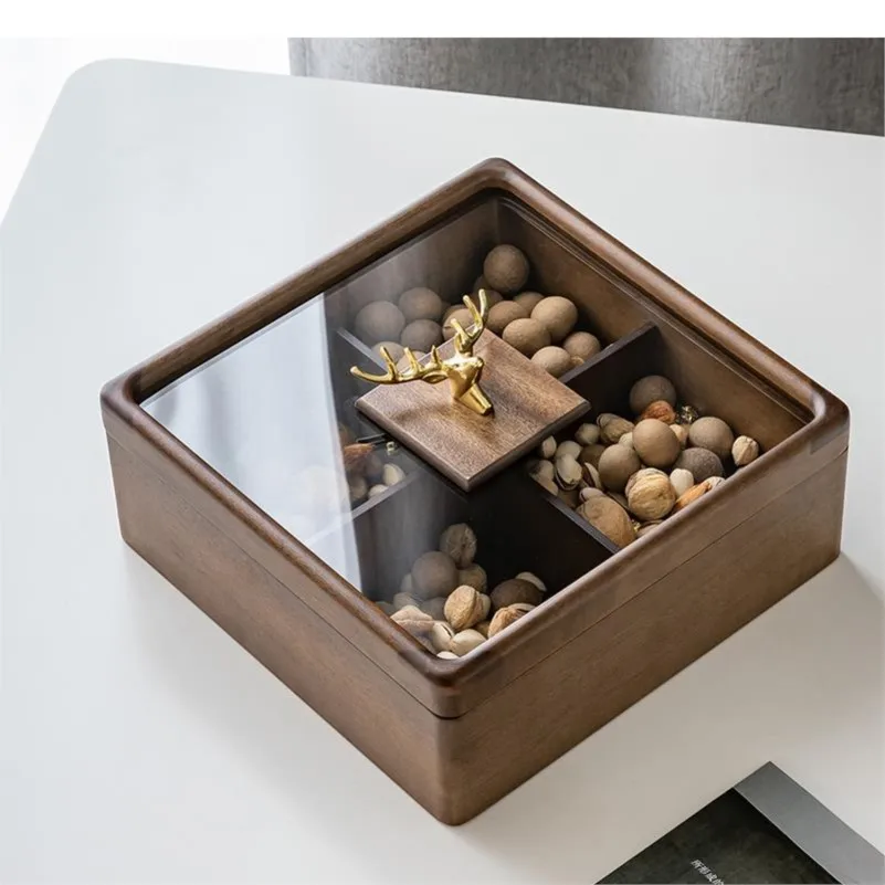 Wooden Square Snack Platter Deer Transparent Glass Cover Separated Dried Fruit Candy Storage Box Home Accessories