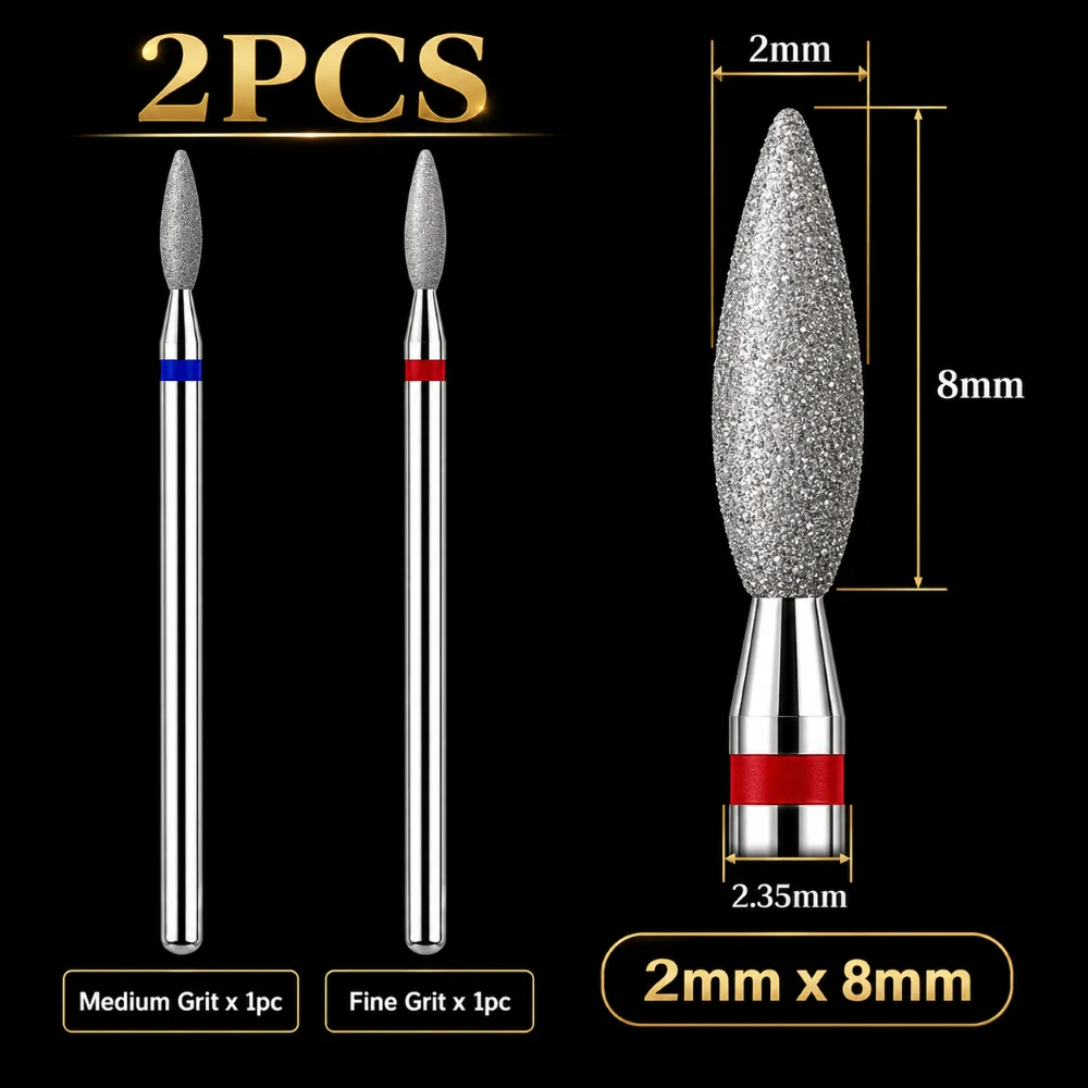 1.5-3mm Diamond Nail Drill Bit 2PCS Medium Fine Nail File Cuticle Cleaning Bits 3/32 Inch Shank Milling Cutter for Manicure