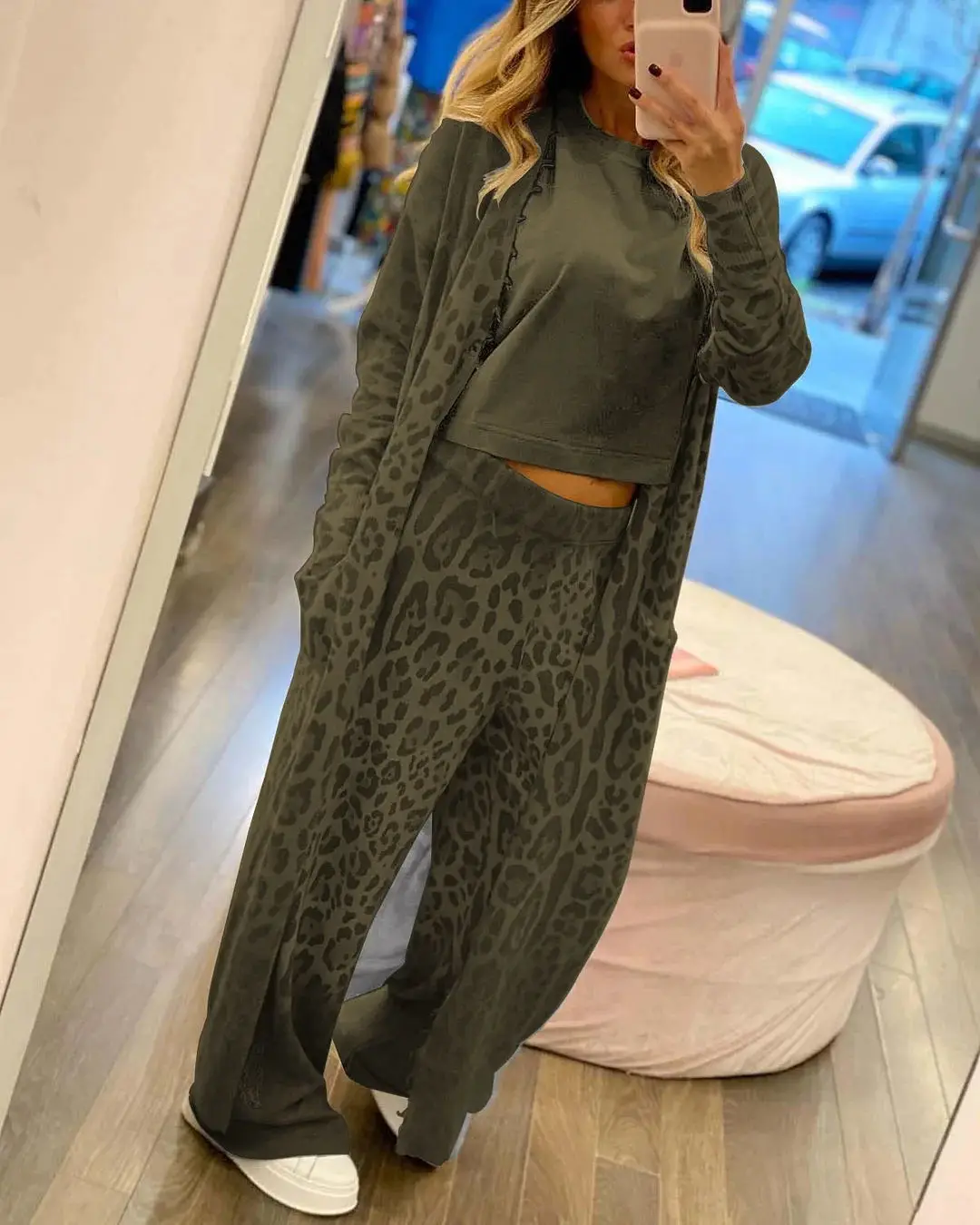 Two Piece Sets Women Leopard Print Long Cardigan V Neck Full Sleeve Tops Wide Leg Pants Suits Midi Waist Autumn Loose Fit