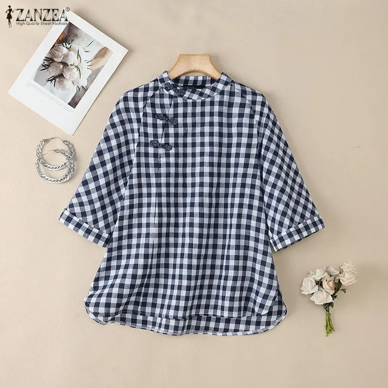 

2026 ZANZEA Summer Plaid Blouse Women Stand Neck Short Sleeve Tops Vintage Shirt Casual Work Blouses Retro Holiday Blusas Mujer