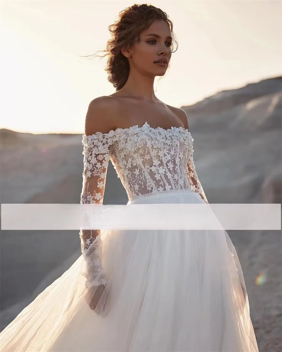 تخصيص قبالة الكتف الدانتيل أعلى 3/4 كم تول فستان الزفاف ألف خط عارية الذراعين ورباط يصل زي العرائس Vestidos de novia