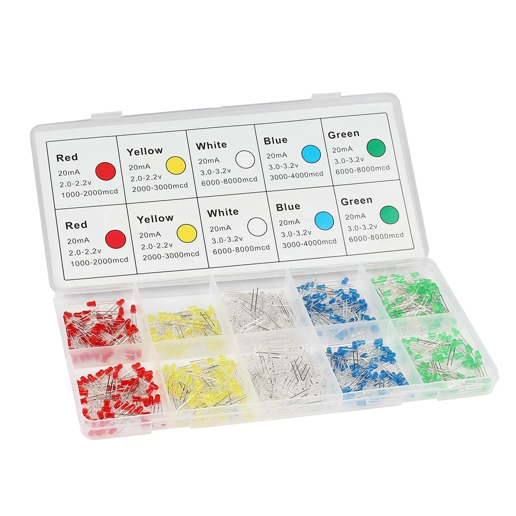

450pcs 5mm LED Diode, LED Light Kit Box 5 Colors, Mini LED Assorted Kit 5mm Round Top, Light Emitting Diodes for DIY Project