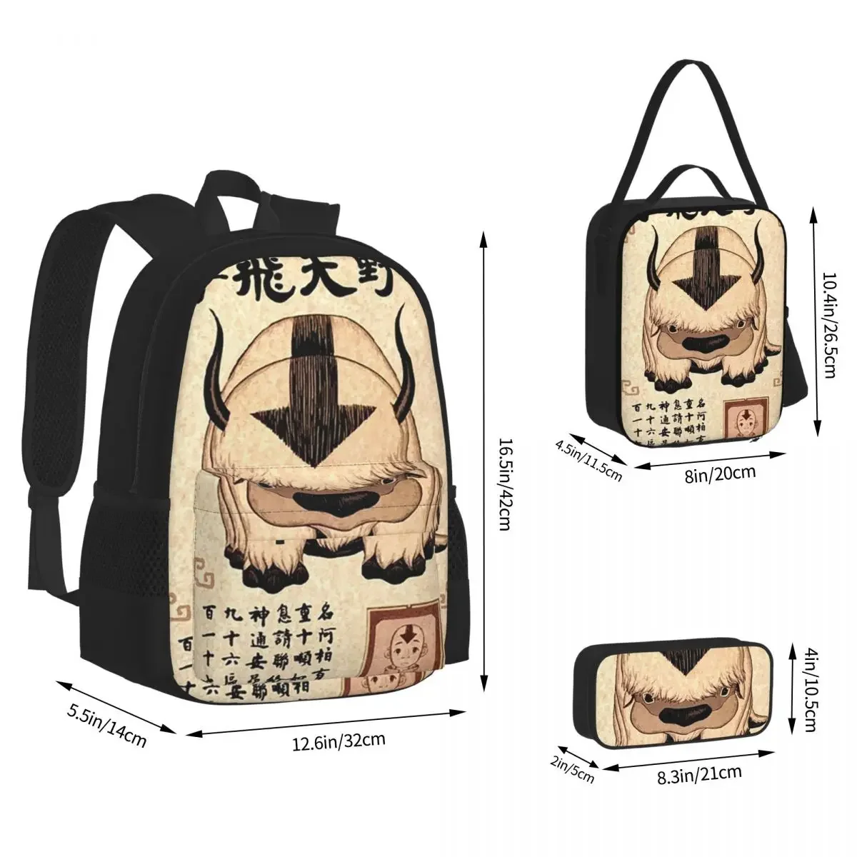 Avatar The Last Airbender Lost Appa Poster Backpacks Bookbag Children School Bags Rucksack Lunch Bag Pen Bag Three-Piece Set