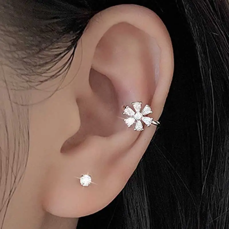 1PC Silver Color Fashion Crystal Flower No Piercing Cuff Ear Clip Earring For Women Shiny Zircon Fake Cartilage Piercing Jewelry