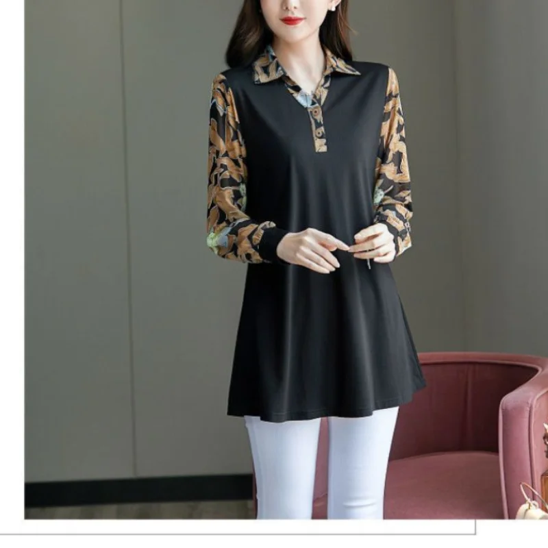 Autumn and Winter Oversize Versatile Commuting Women's Clothing Splice Button Printed POLO Collar Long Sleeve Pullover Shirt