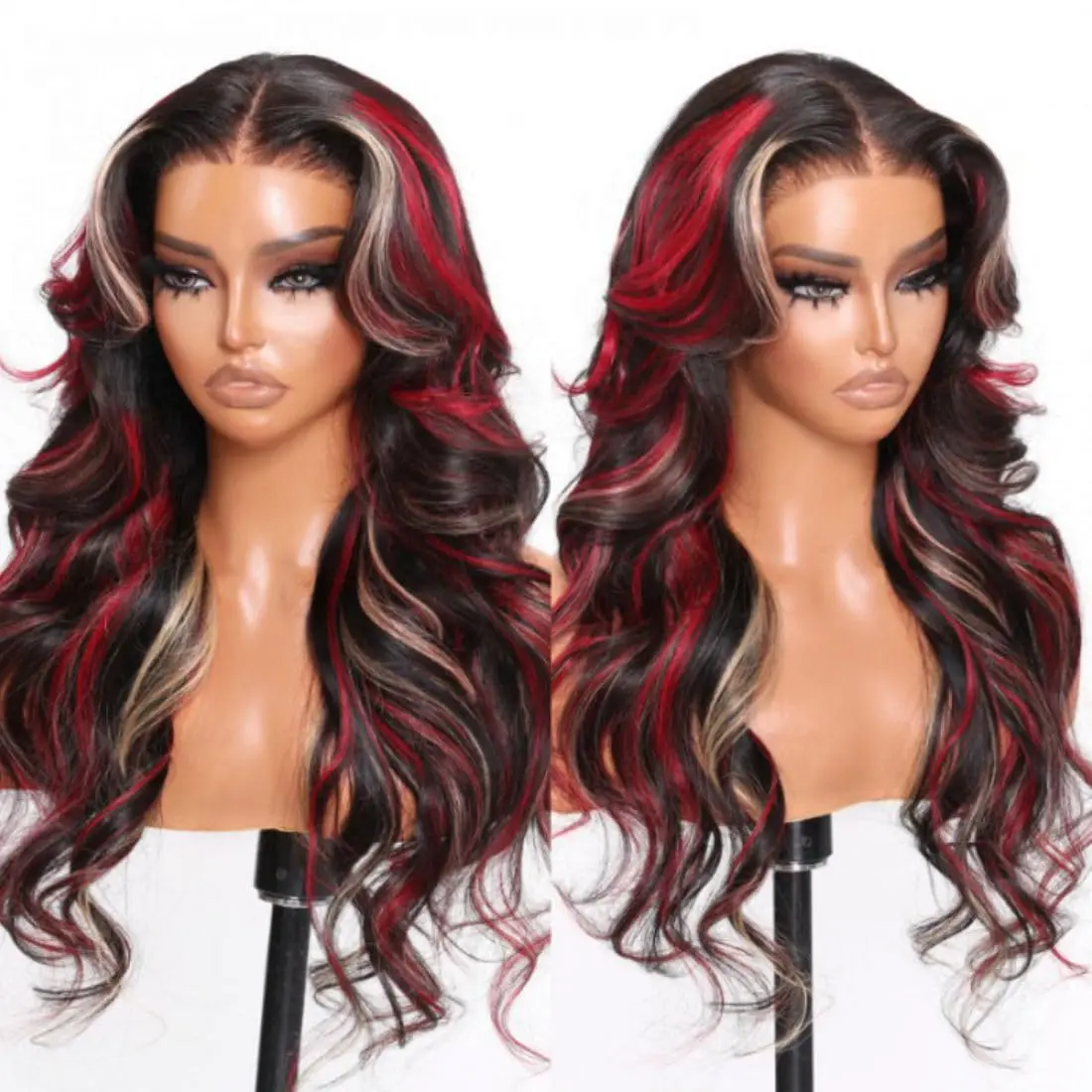 Black Red Blonde Highlight Wig Human Hair 13x4 Body Wave Lace Front Wig 180% Density Pre Plucked Colored Brazilian Wig For Women